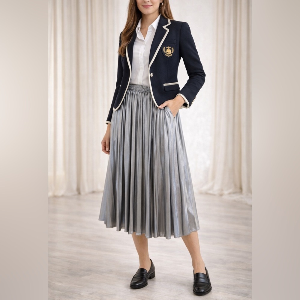 Suzy Shier - Silver Metallic Midi Pleated Skirt - S